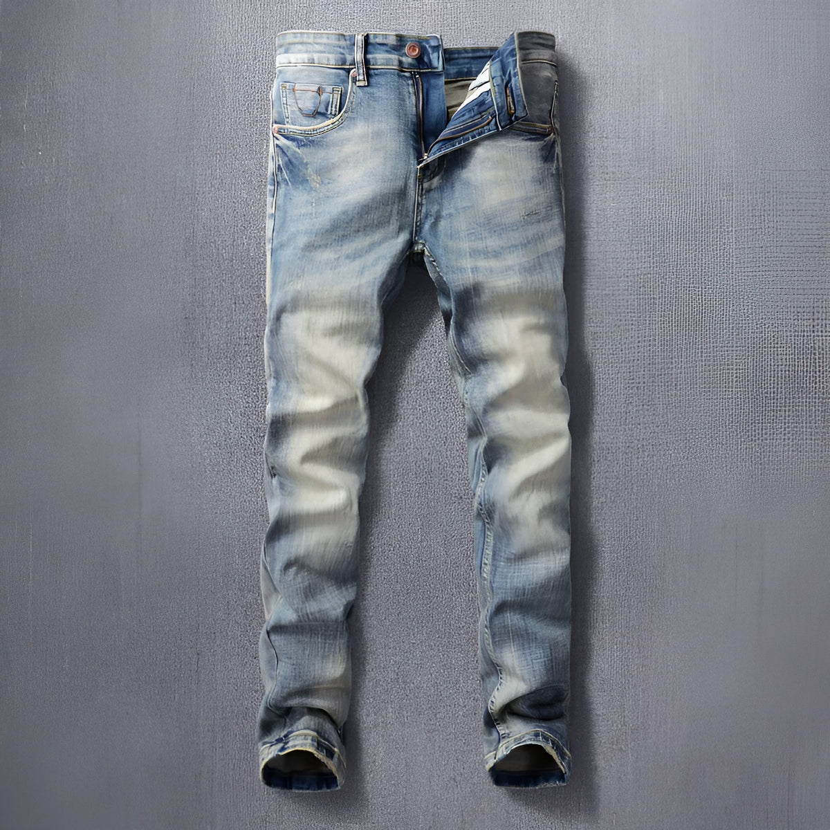Men's retro straight-leg jeans in distressed blue washed denim with mid waist, zip fly and multiple pockets