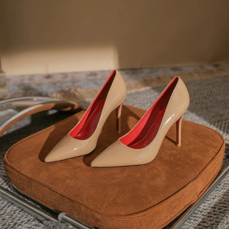 Women's pointed toe stiletto heel PU patent leather single shoes in apricot colour with shallow cut