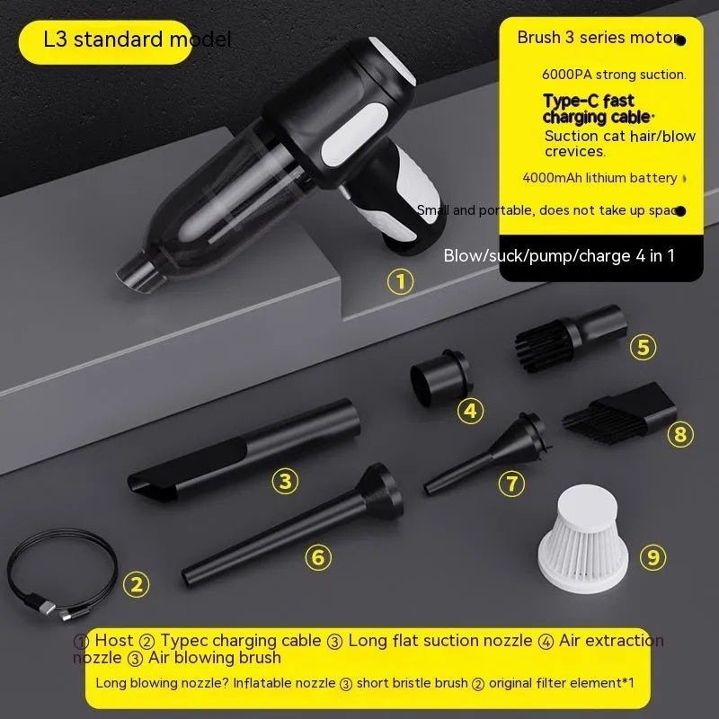 Black cordless handheld car vacuum cleaner with attachments on a grey car seat.