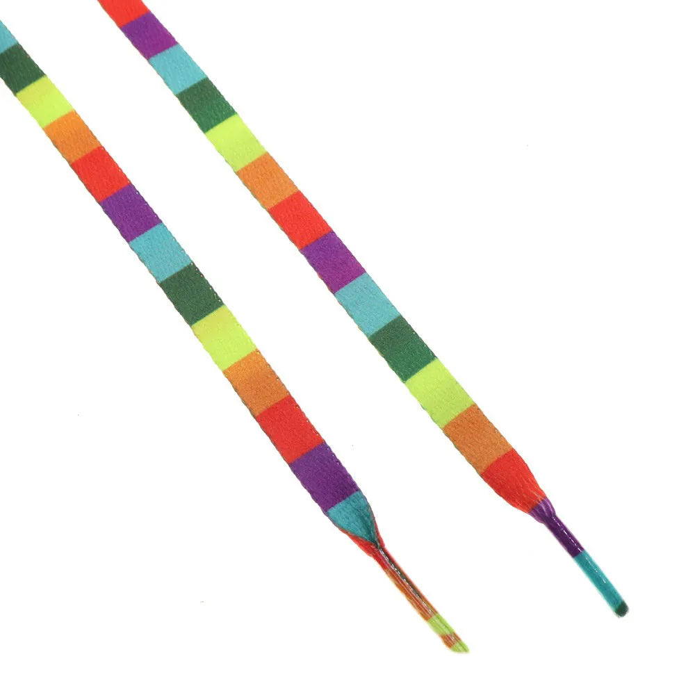 Rainbow oblate shoelace with colour print gradient, 0.8cm width, square rainbow colour, thick woven texture