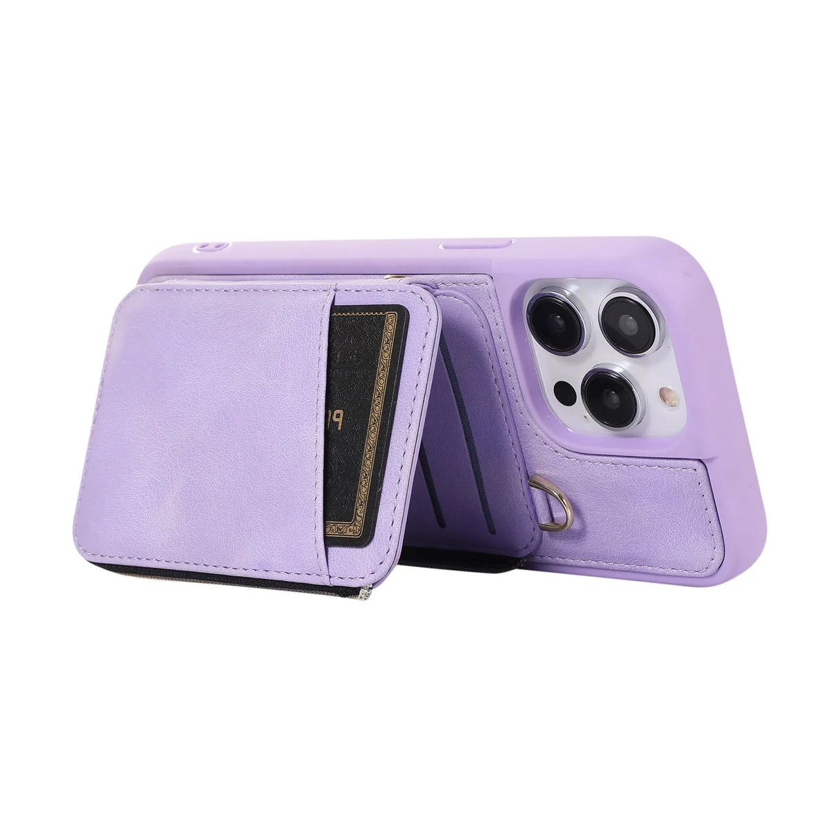 Leather wallet phone case with card holder, bracket and lanyard in pink, purple, wine red, brown, green or black