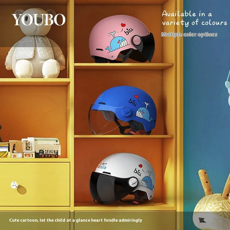 Children's blue ABS breathable helmet with mirror visor for electric bike commuting