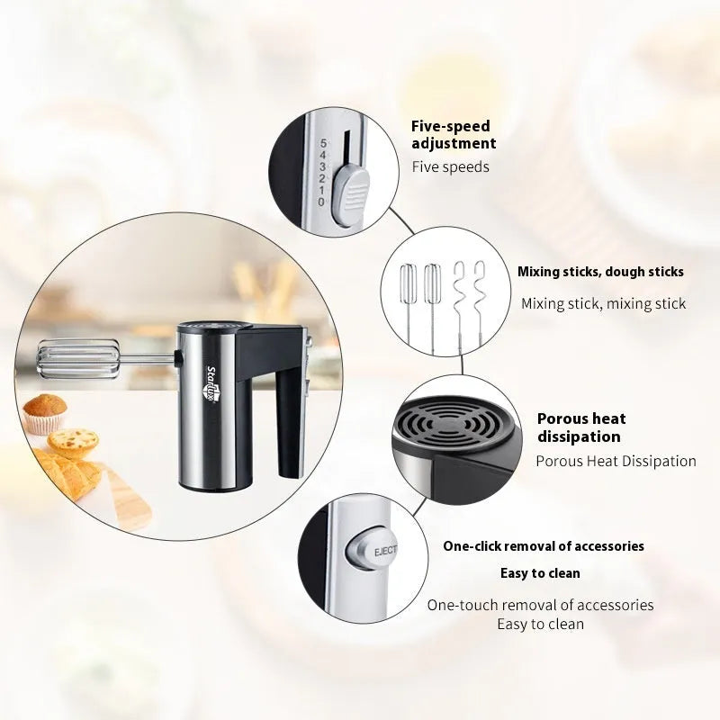Silver handheld electric kitchen mixer with two metal beaters and 5-speed control dial