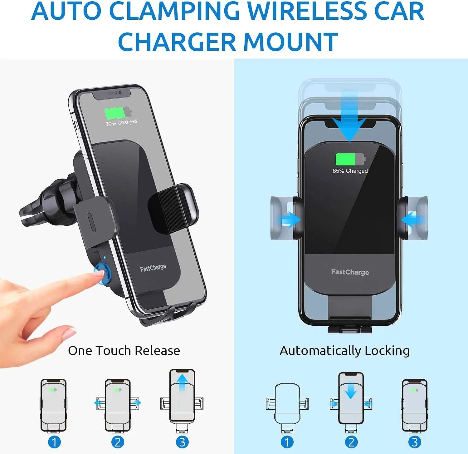 Black 15W fast wireless car charging stand showing air vent clip and dashboard mount options