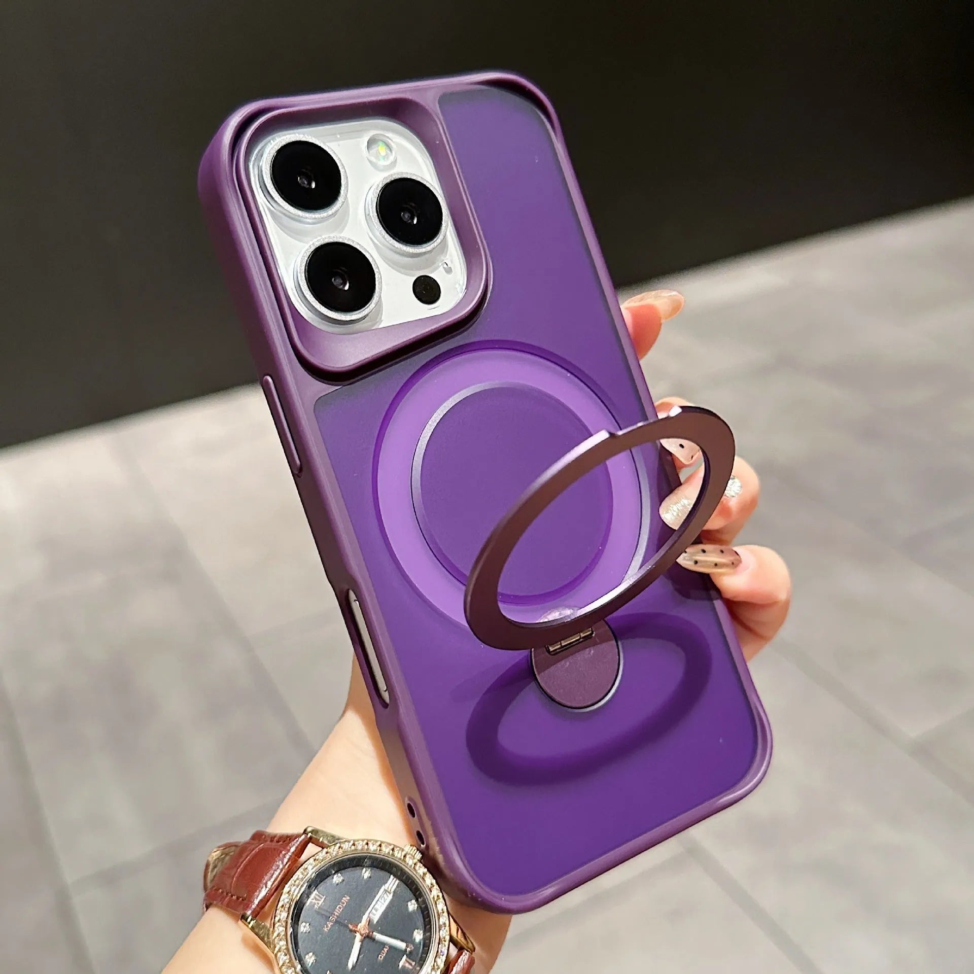 Frosted TPU PC magnetic phone case for iPhone 16 Pro with 360 rotating bracket, black colour
