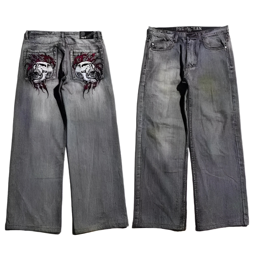 Men's grey washed-out wide-leg straight-cut denim jeans on a neutral background.