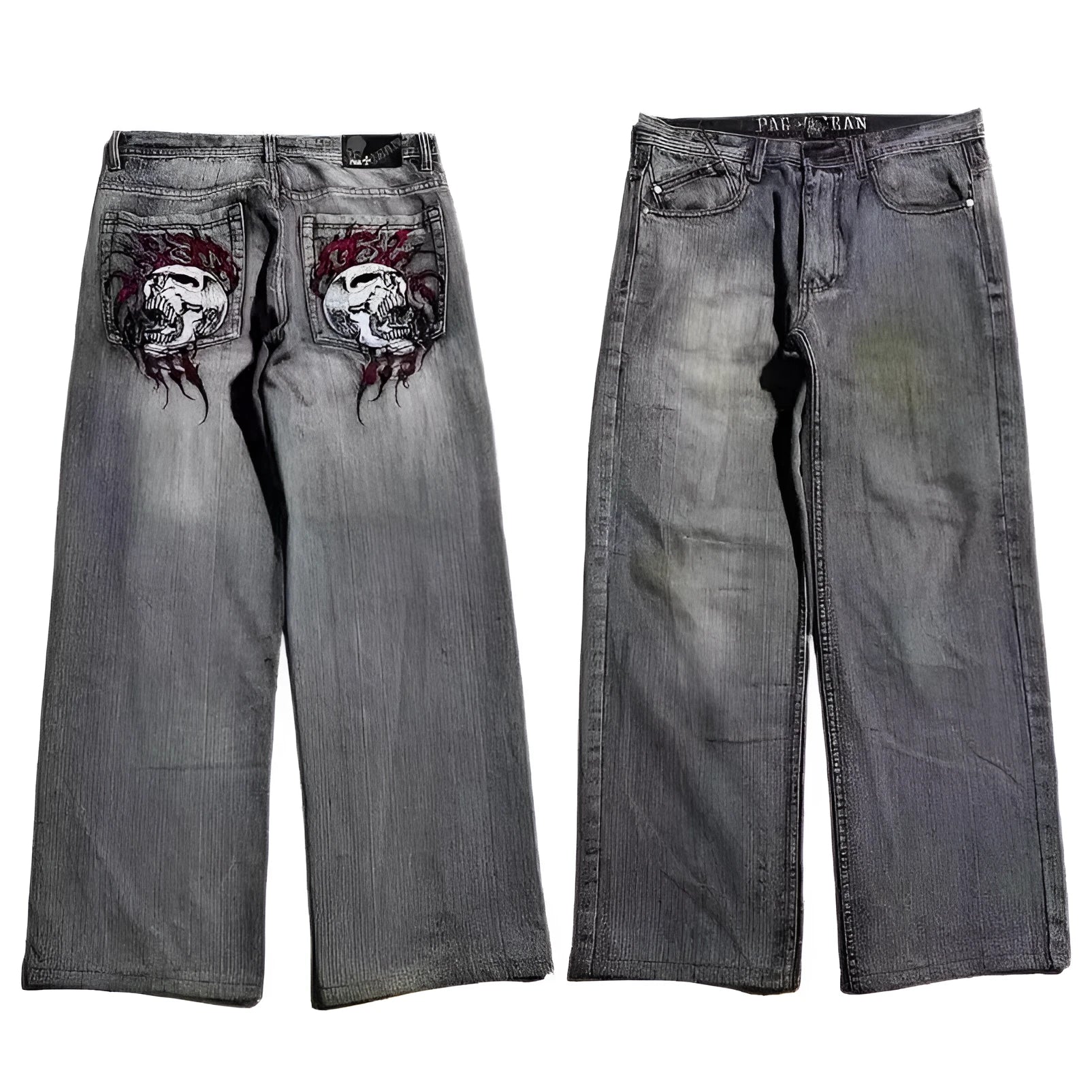 Men's grey washed-out wide-leg straight-cut denim jeans on a neutral background.