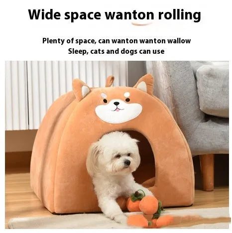 A cage-style cloth cat bed suitable for autumn and winter, shown in available S, M, and L sizes.