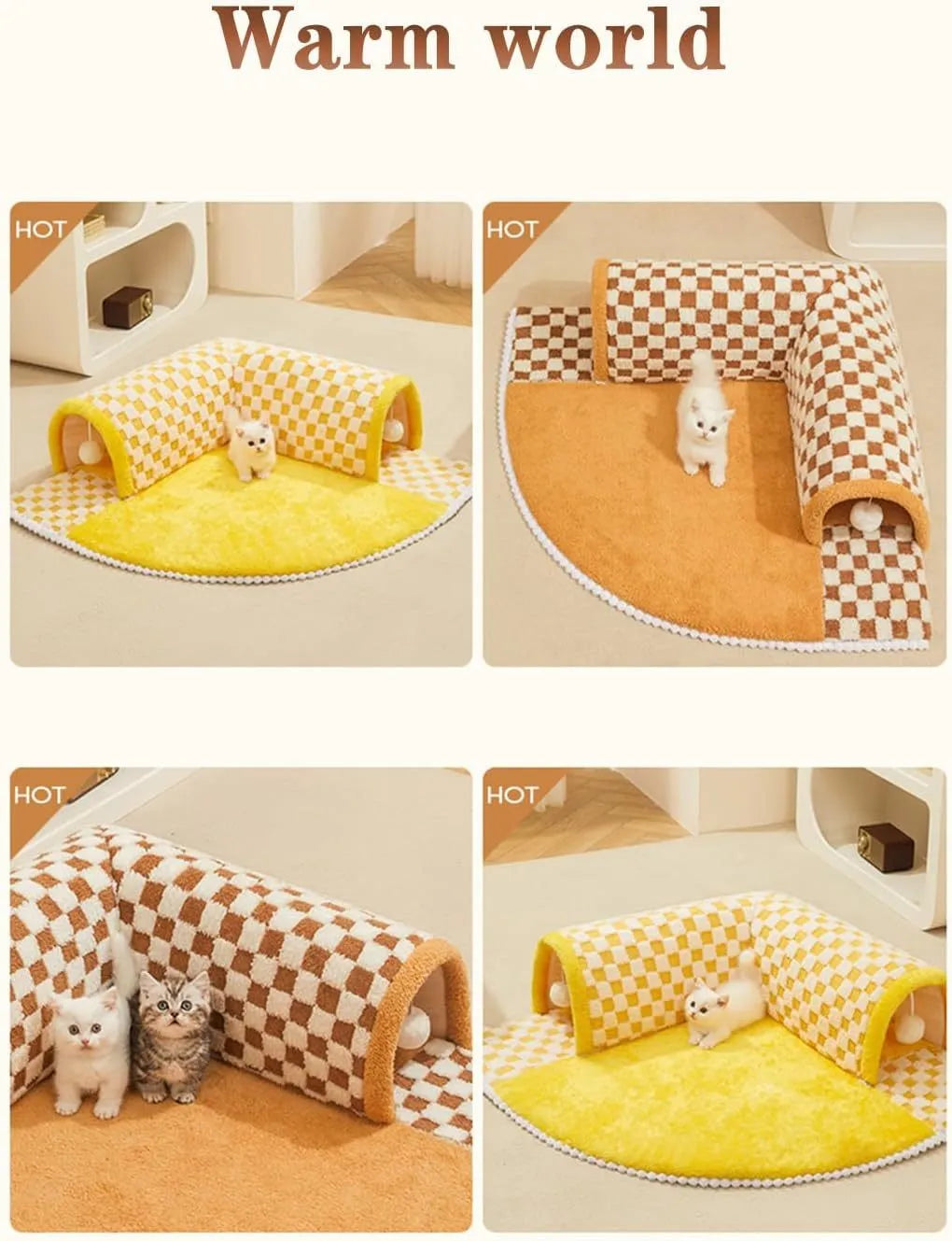 Brown plaid cat tunnel bed with central mat showing collapsible tunnel design