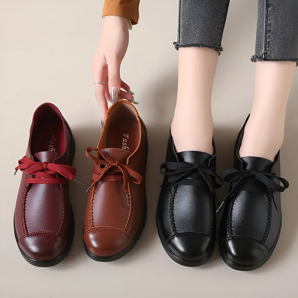 Women's black flat work shoes with microfiber upper, round toe, front lacing and anti-slip polyurethane sole