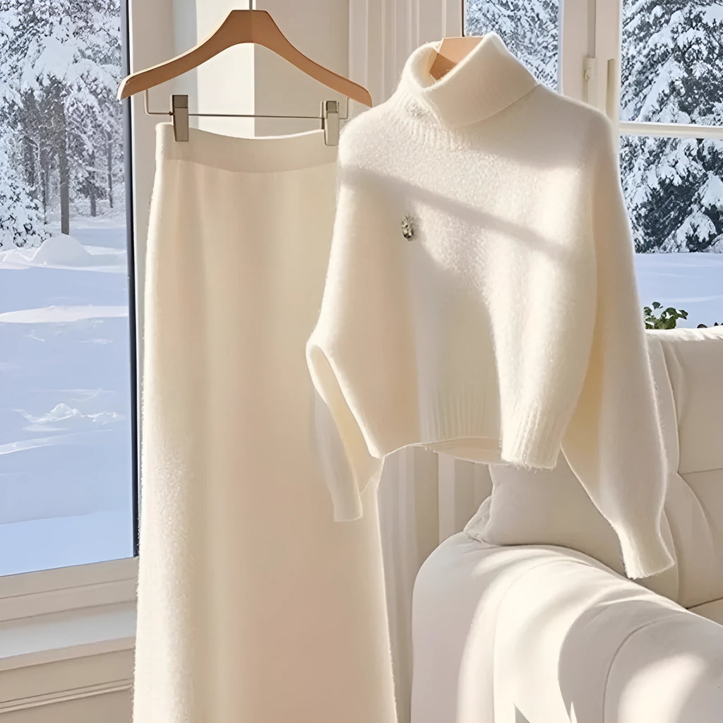 White knitted sweater skirt suit for women with long sleeve top and long skirt, solid colour stitching, sizes S to 3XL.