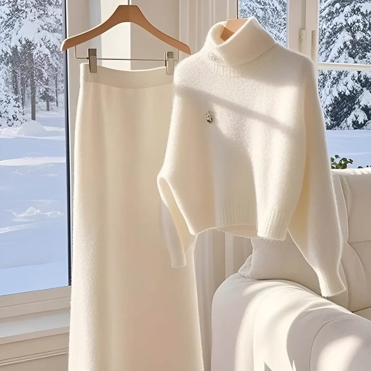 White knitted sweater skirt suit for women with long sleeve top and long skirt, solid colour stitching, sizes S to 3XL.