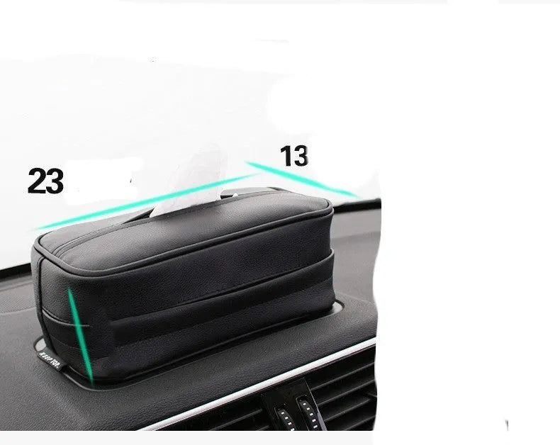 Black and beige PU leather hanging storage box for car, home and outdoor use.