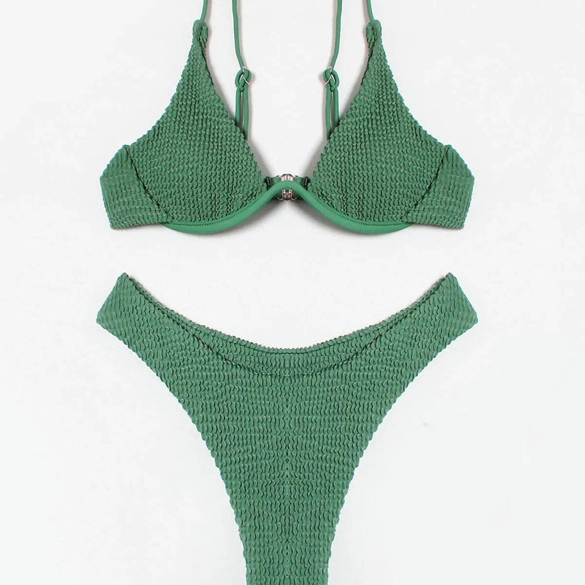 Green women's bikini suit with ruffle detail and briefs bottom
