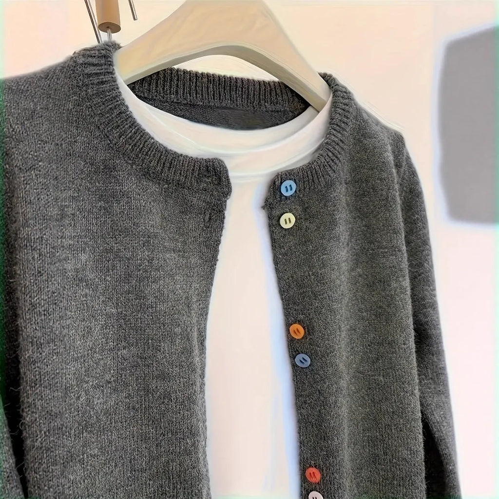 Dark grey women's polyester cardigan with button front and regular sleeves