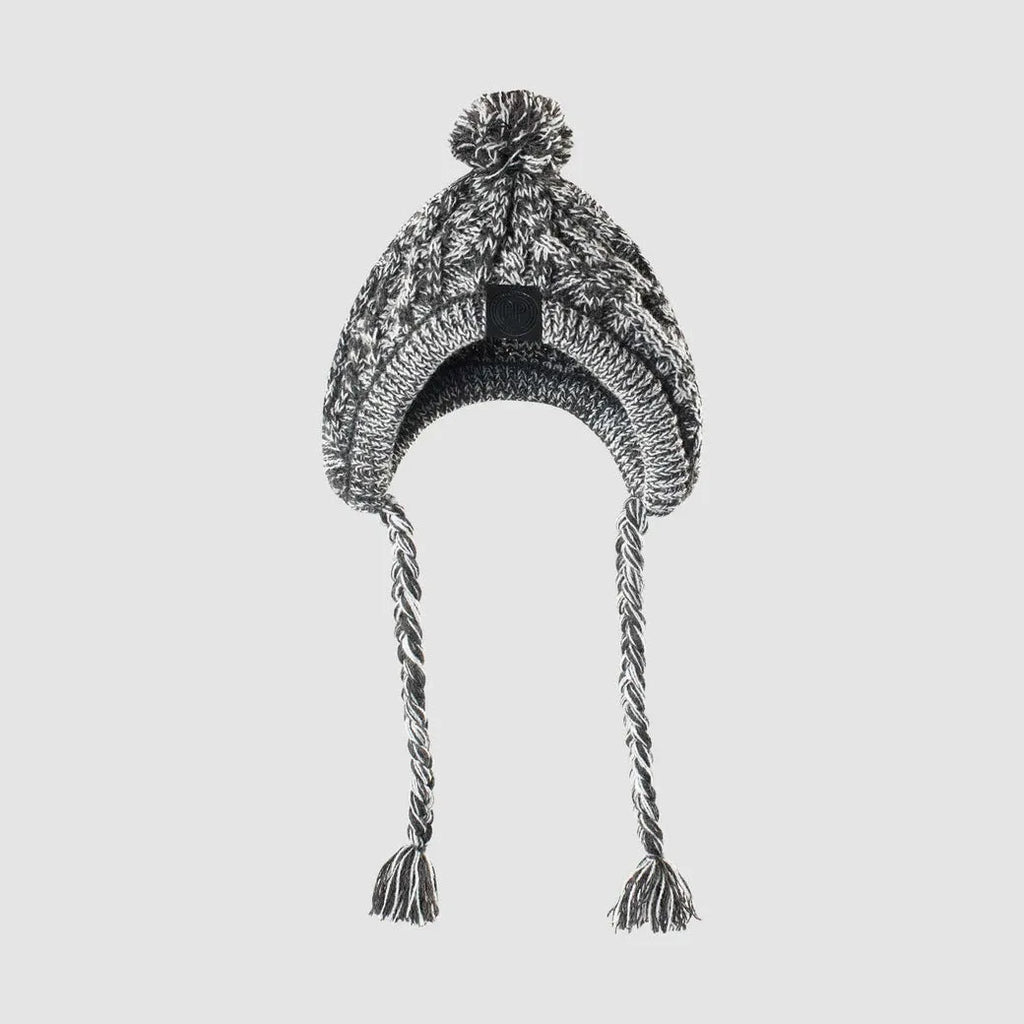Grey acrylic knitted dog hat with fluffy ball on top, side view showing woven texture and slip-on design