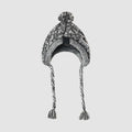 Grey acrylic knitted dog hat with fluffy ball on top, side view showing woven texture and slip-on design