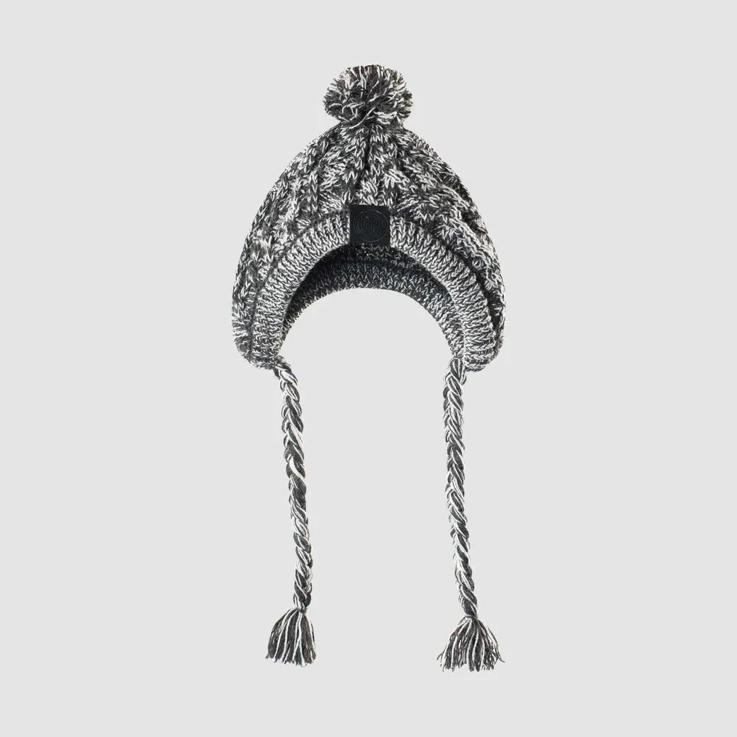 Grey acrylic knitted dog hat with fluffy ball on top, side view showing woven texture and slip-on design