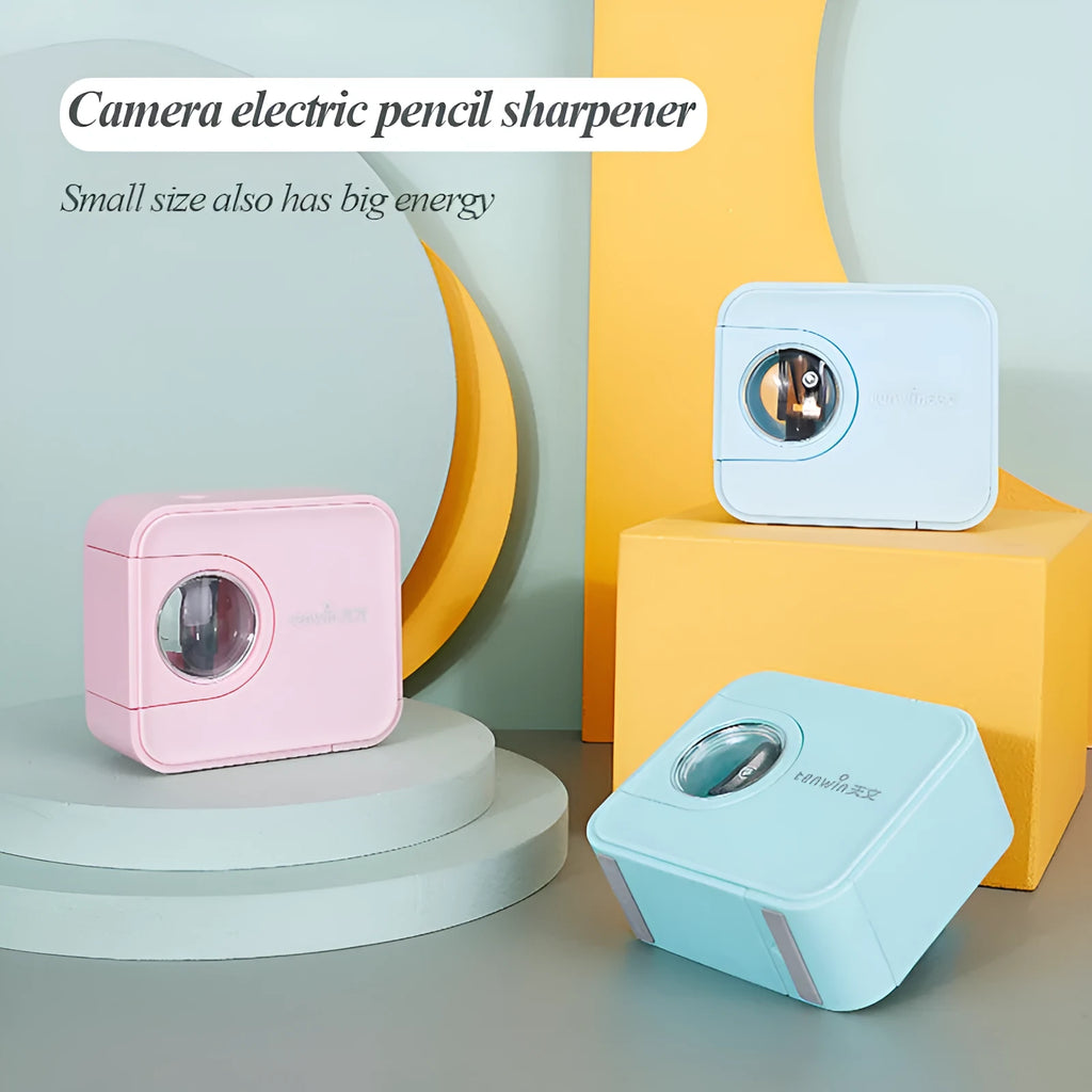 Children's electric pencil sharpener with camera design, plastic, 5-second sharpening, available in black blue green pink