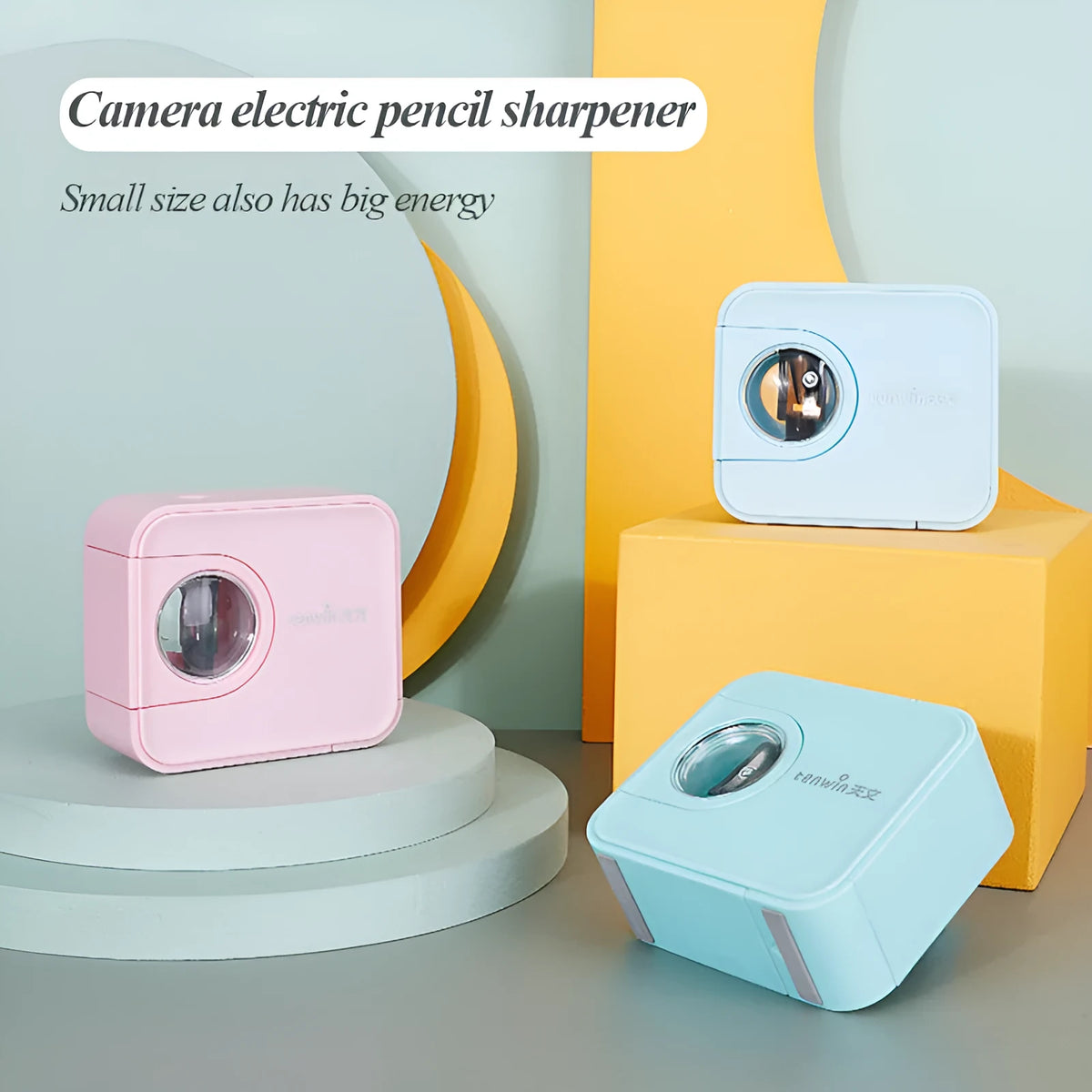 Children's electric pencil sharpener with camera design, plastic, 5-second sharpening, available in black blue green pink
