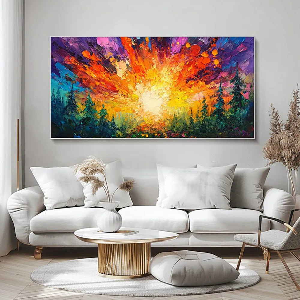 Hand-painted oil painting of sun rising in deep forest with brilliant light, modern landscape canvas art for home decoration