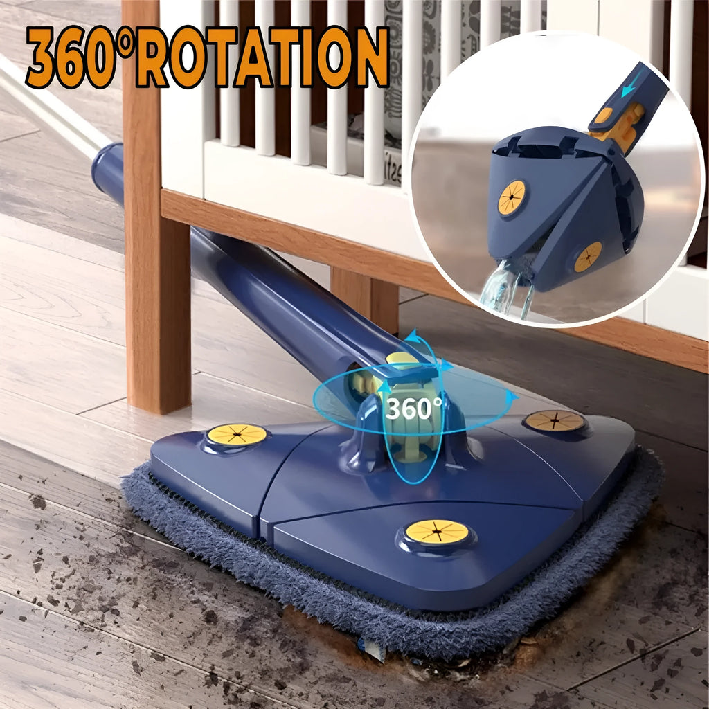 Blue extendable triangle mop with rotating head and long stainless steel pole for cleaning floors and walls