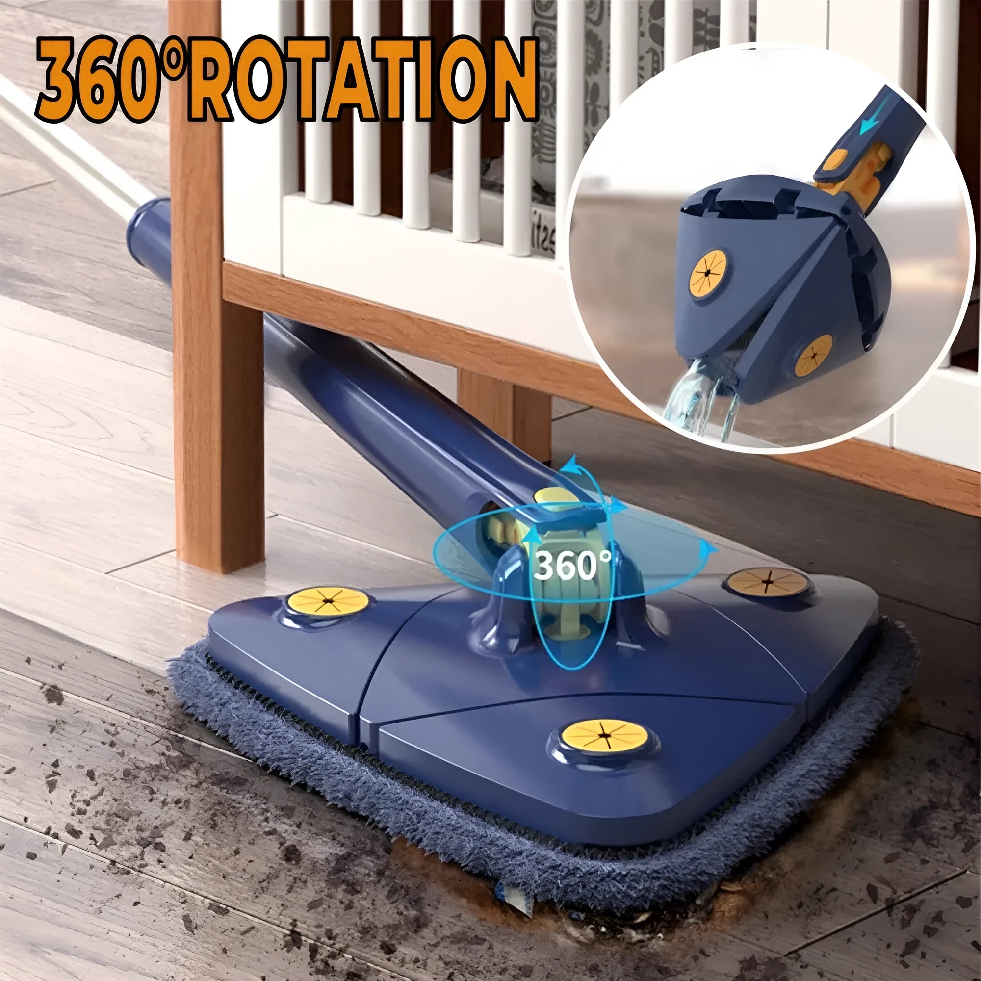 Blue extendable triangle mop with rotating head and long stainless steel pole for cleaning floors and walls