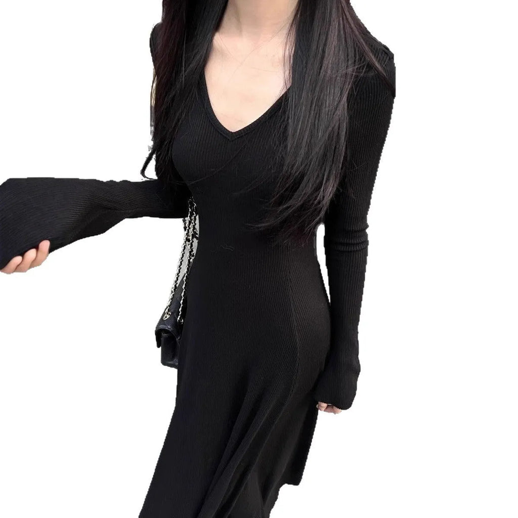 Knitted women's autumn winter dress with high-waist, hood, long sleeves, solid colour mid-length