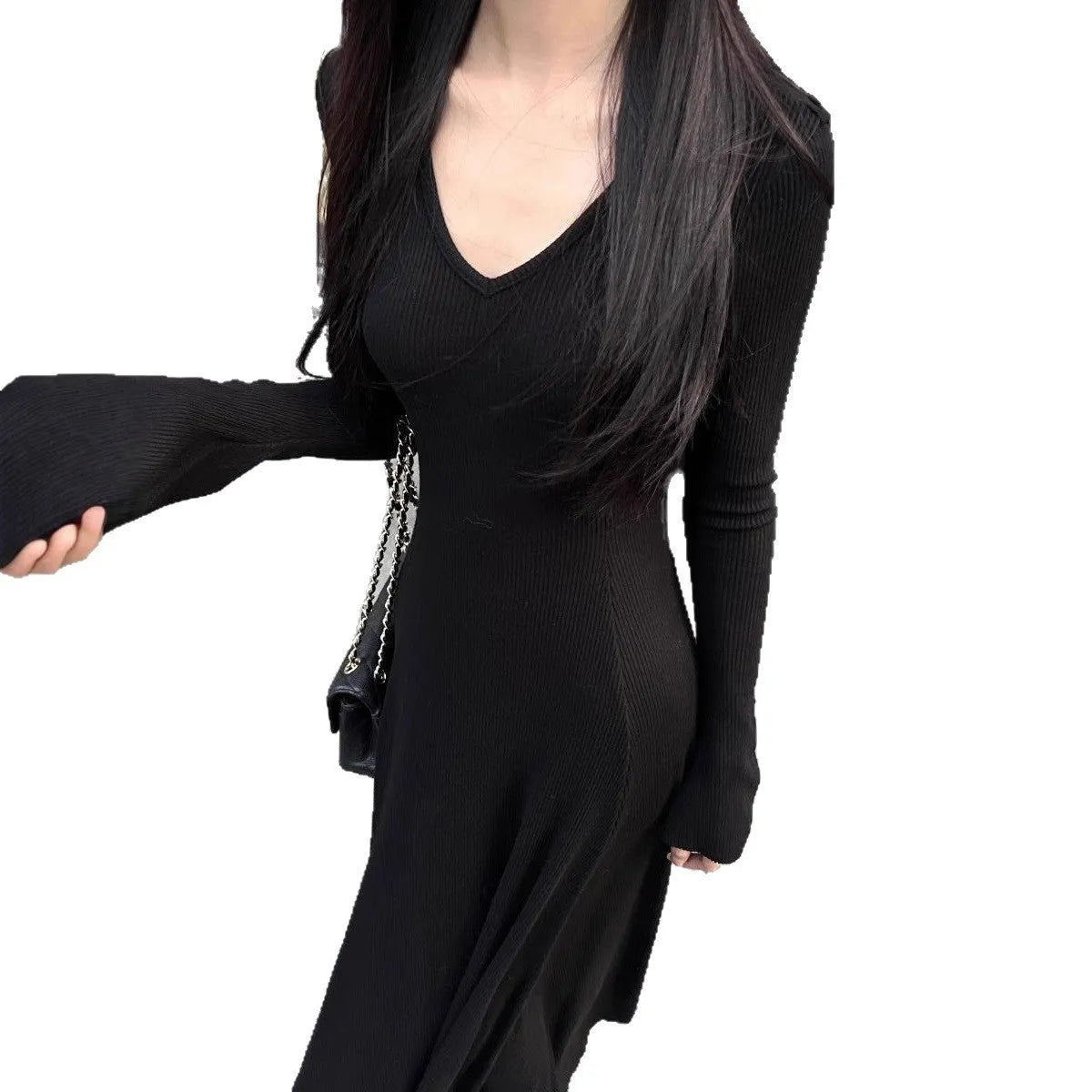 Knitted women's autumn winter dress with high-waist, hood, long sleeves, solid colour mid-length