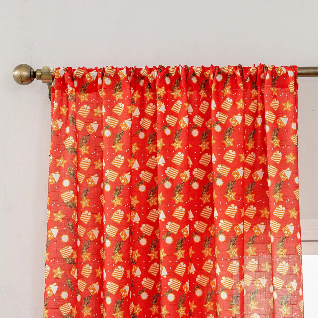 Red Christmas curtain with printed cartoon snowman and angel figures