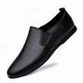Men's black and brown leather business casual shoes with round toe on a white background.