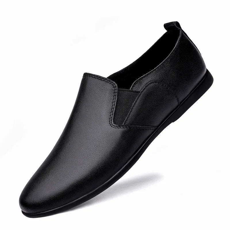Men's black and brown leather business casual shoes with round toe on a white background.