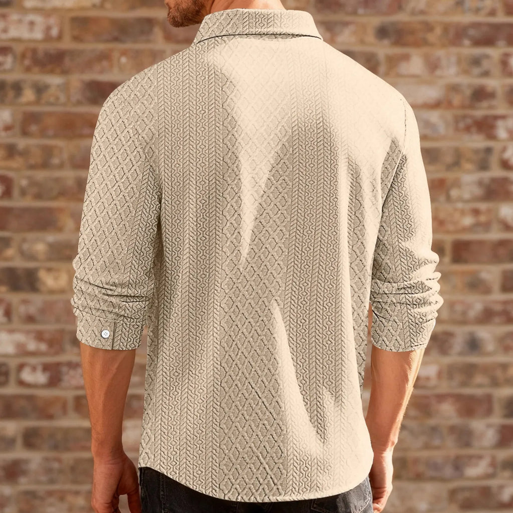 Men's knitted floral slim fit shirt with lapel collar, long sleeves and 3D patch pocket, available in seven colours.