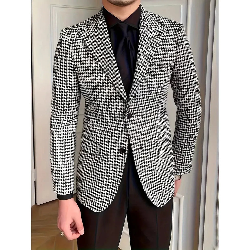 Black and white plaid casual jacket for youth, cotton blend, loose fit, sizes M to 2XL