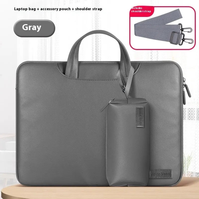 Black PU leather laptop bag with integrated power bank storage compartment