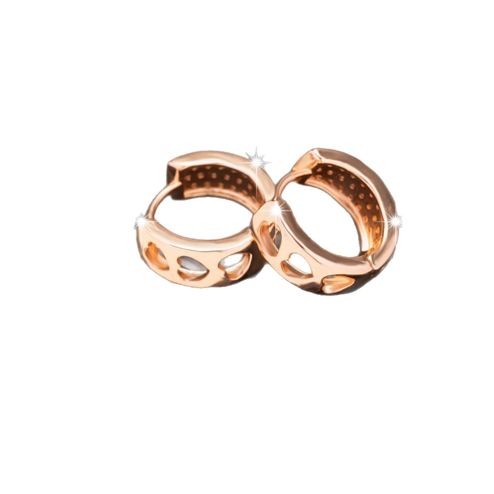 Rose gold tone women's earrings with a hollowed-out heart shape divided into three sections.