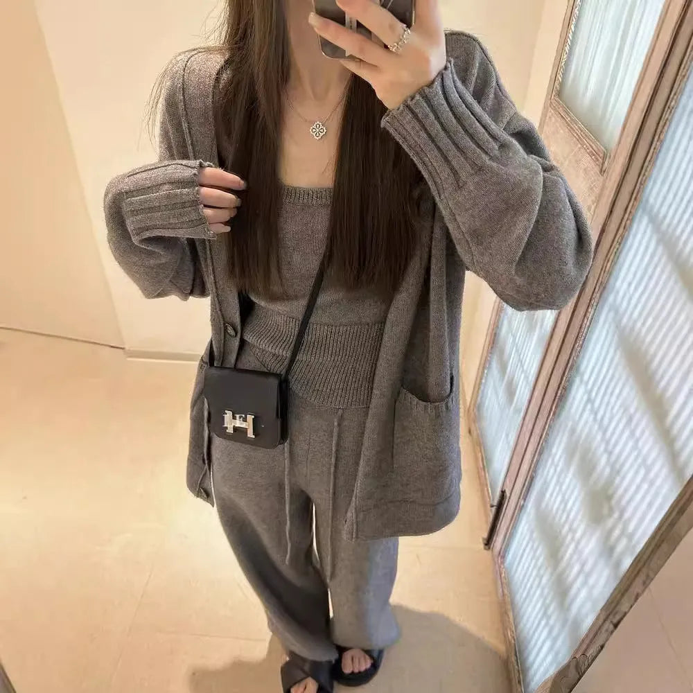 Women's knit cardigan suspender pants three-piece set in wool blend fabric