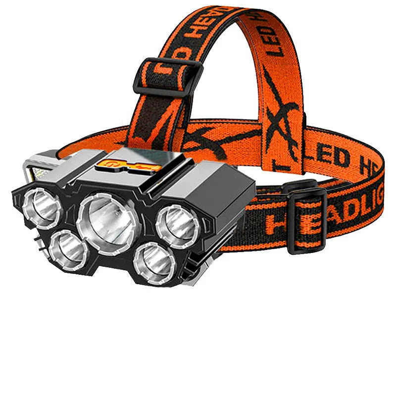 Head-mounted LED miner's lamp with 10W super bright beam, adjustable head strap, and USB charging cable