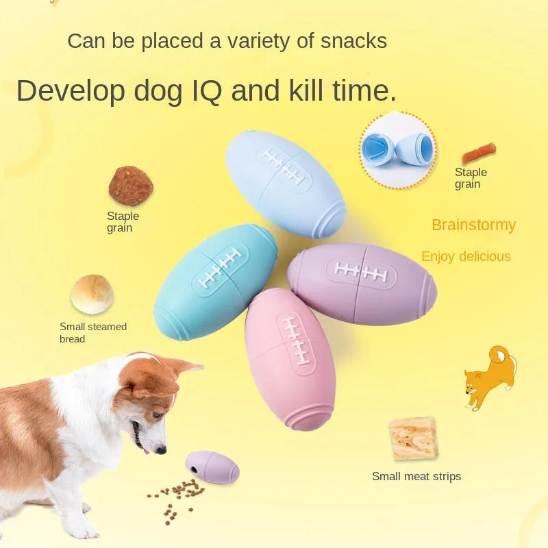 Blue silicone rugby ball dog chew toy with food dispensing holes