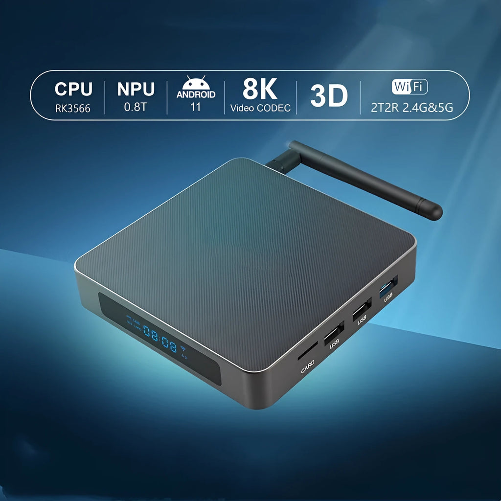 Android TV box with 8K resolution output, RK3566 processor, and compact 105x105x20mm design