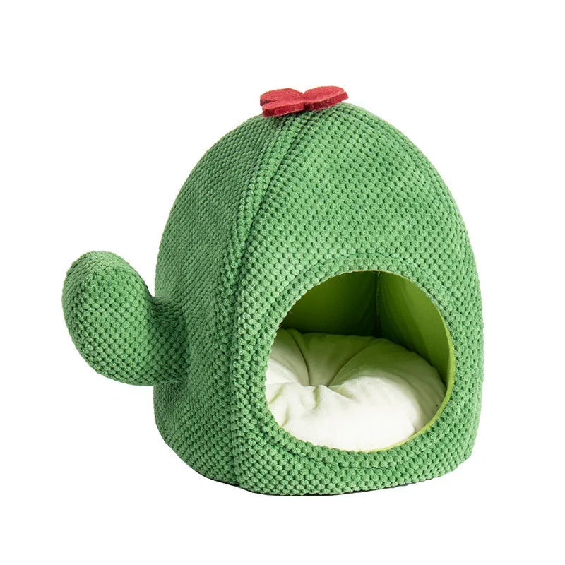 Green cactus-shaped enclosed cat bed with cave design for cats and small dogs