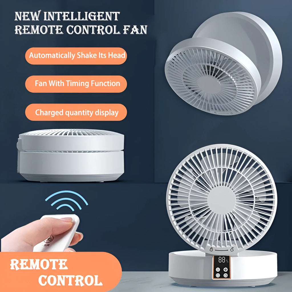 White portable folding fan with remote control and warm night light on desktop