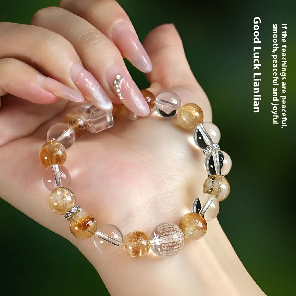 Women's handmade beaded bracelet with Huang Tajing white crystal, freshwater pearls, and yellow tower crystals