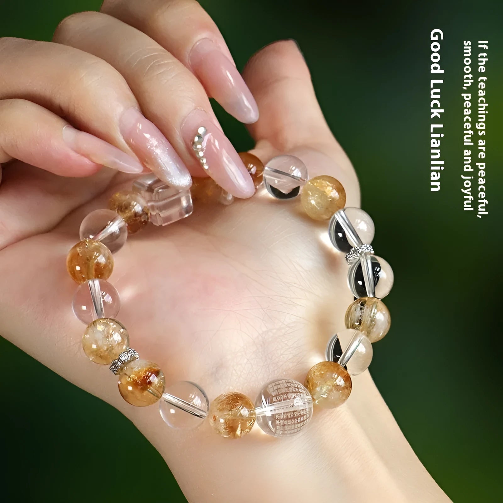 Women's handmade beaded bracelet with Huang Tajing white crystal, freshwater pearls, and yellow tower crystals