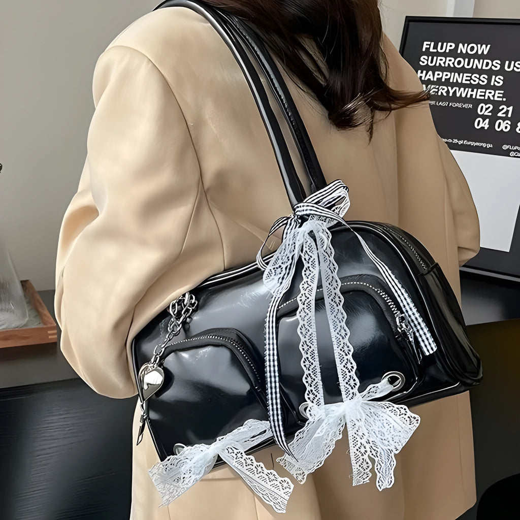 Beige PU shoulder bag with mobile phone pocket and double connector straps on horizontal square suitcase shape