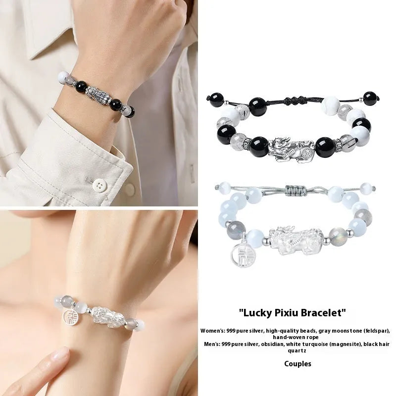 Sterling silver couple bracelets with hand-woven DIY watch band and animal tassel national style elements
