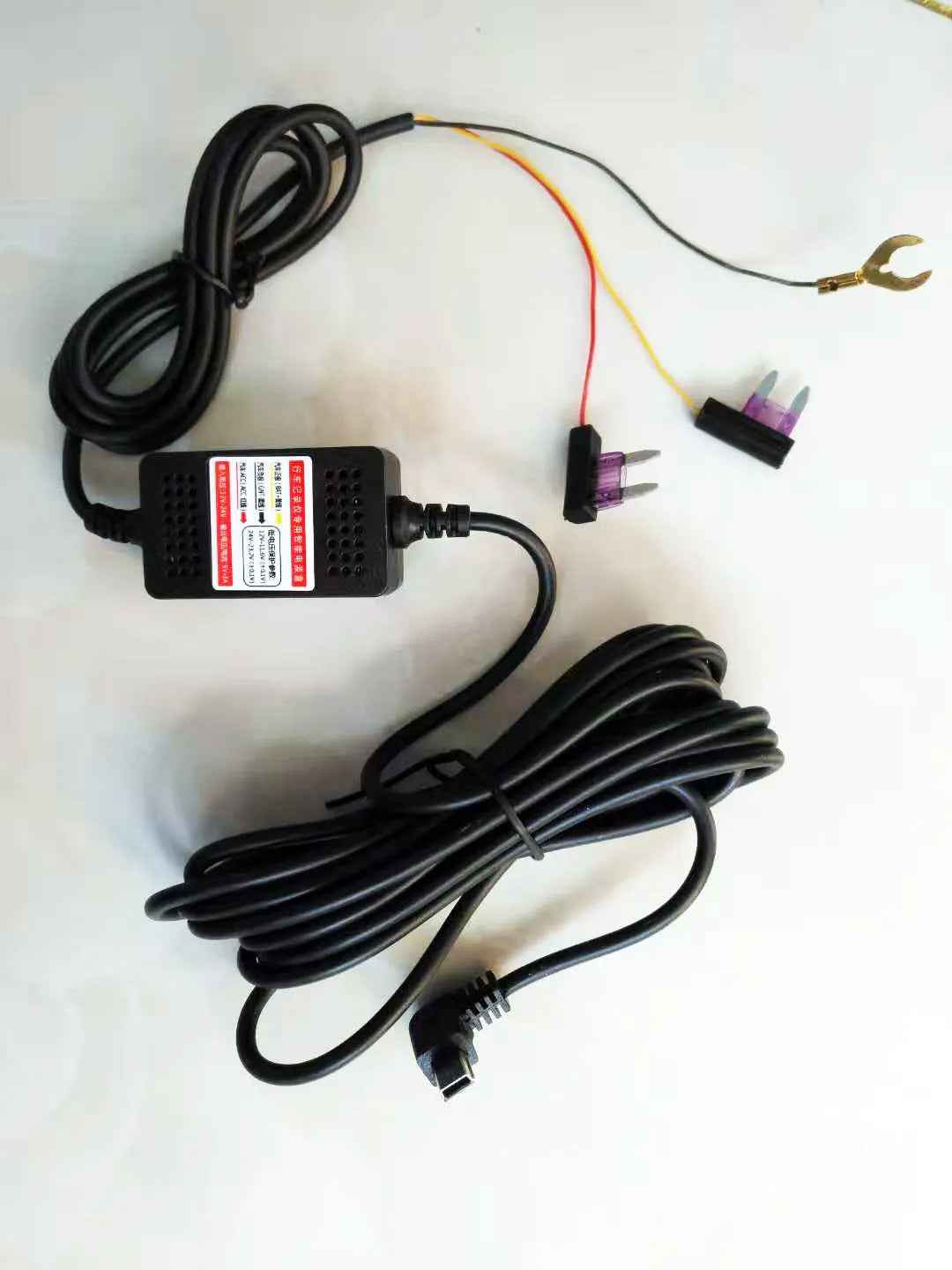 Driving data recorder power line step-down cable with T-connector and wire connections for ACC installation