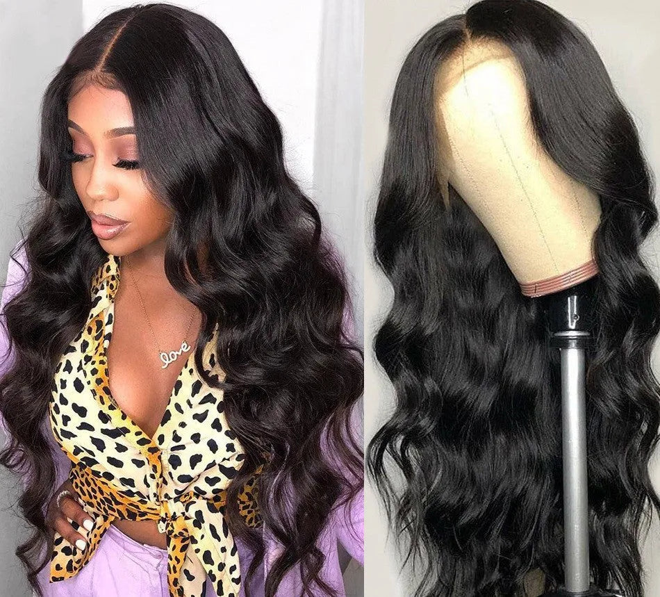 Lace front human hair wig in black, shown in a 16 inch length with natural hairline