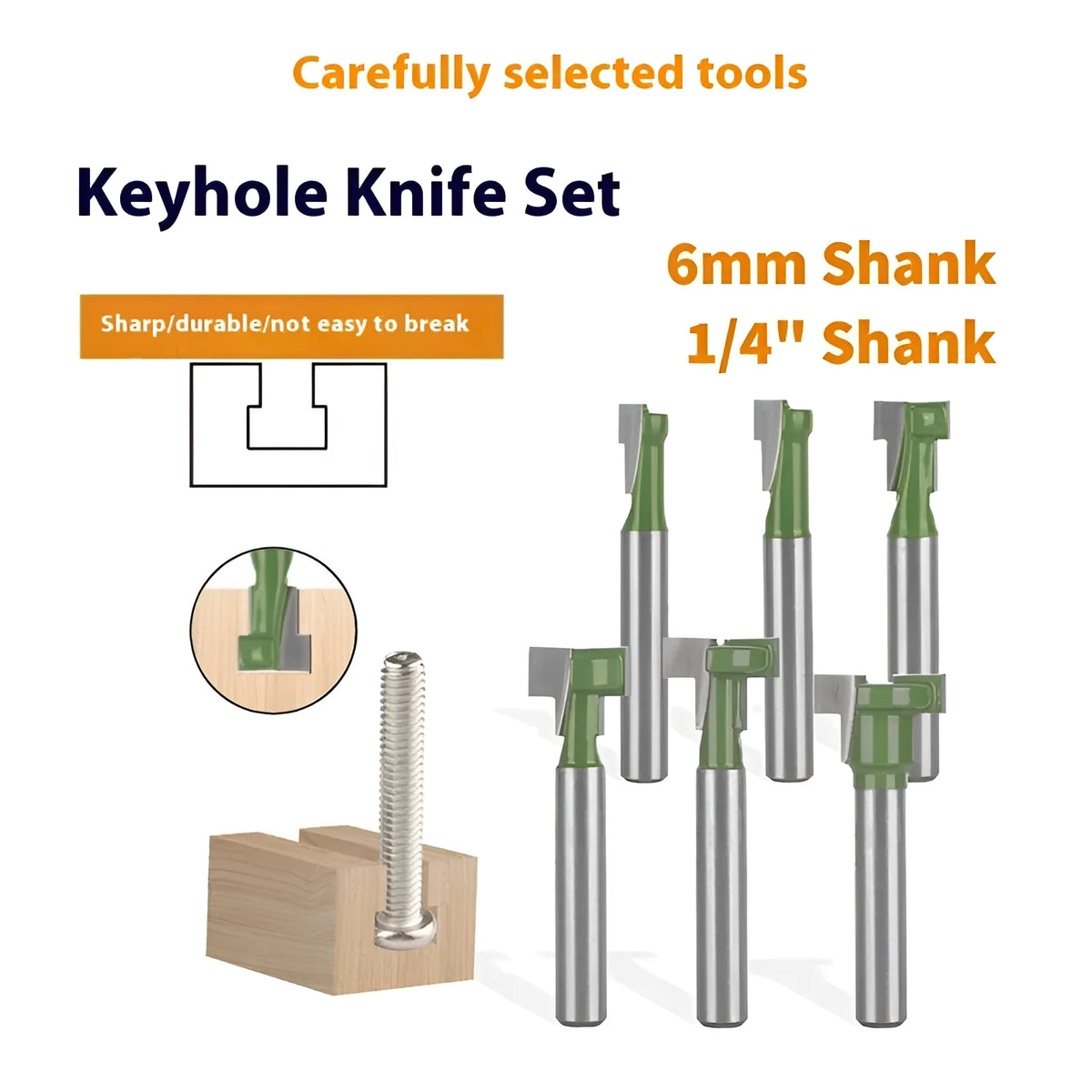 6-piece T-slot knife set with green double blade milling cutters, hard alloy HRC55 blades, 6mm to 15.9mm diameters