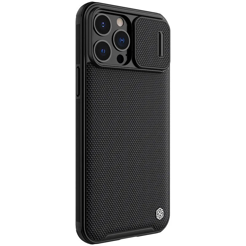 Black textured PC and TPU sliding back cover case for Apple iPhone 13 Pro Max on a white background.